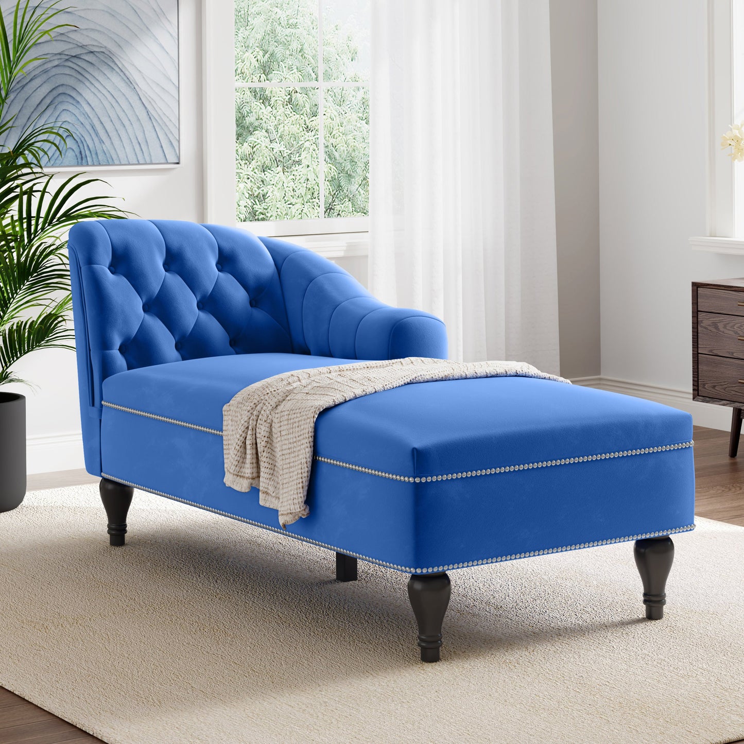 Roomfitters 58 Inch Fainting Couch, Velvet Upholstered Chaise Lounge Sofa with Button-Detailed Back & Nailhead Trim, Blue