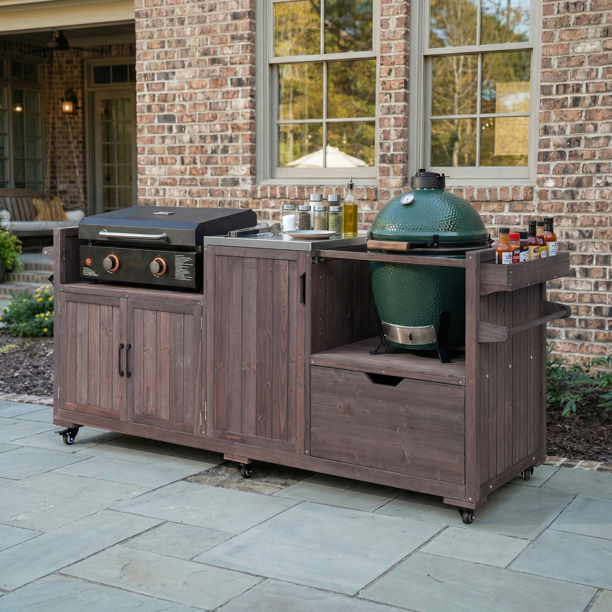 variant-group:rf-n707p392140z|Roomfitters 80.5" Extra Large Grill Cart, Outdoor Kitchen Prep Station with Stainless Steel Top & Kamado Grill Stand, Dark Brown