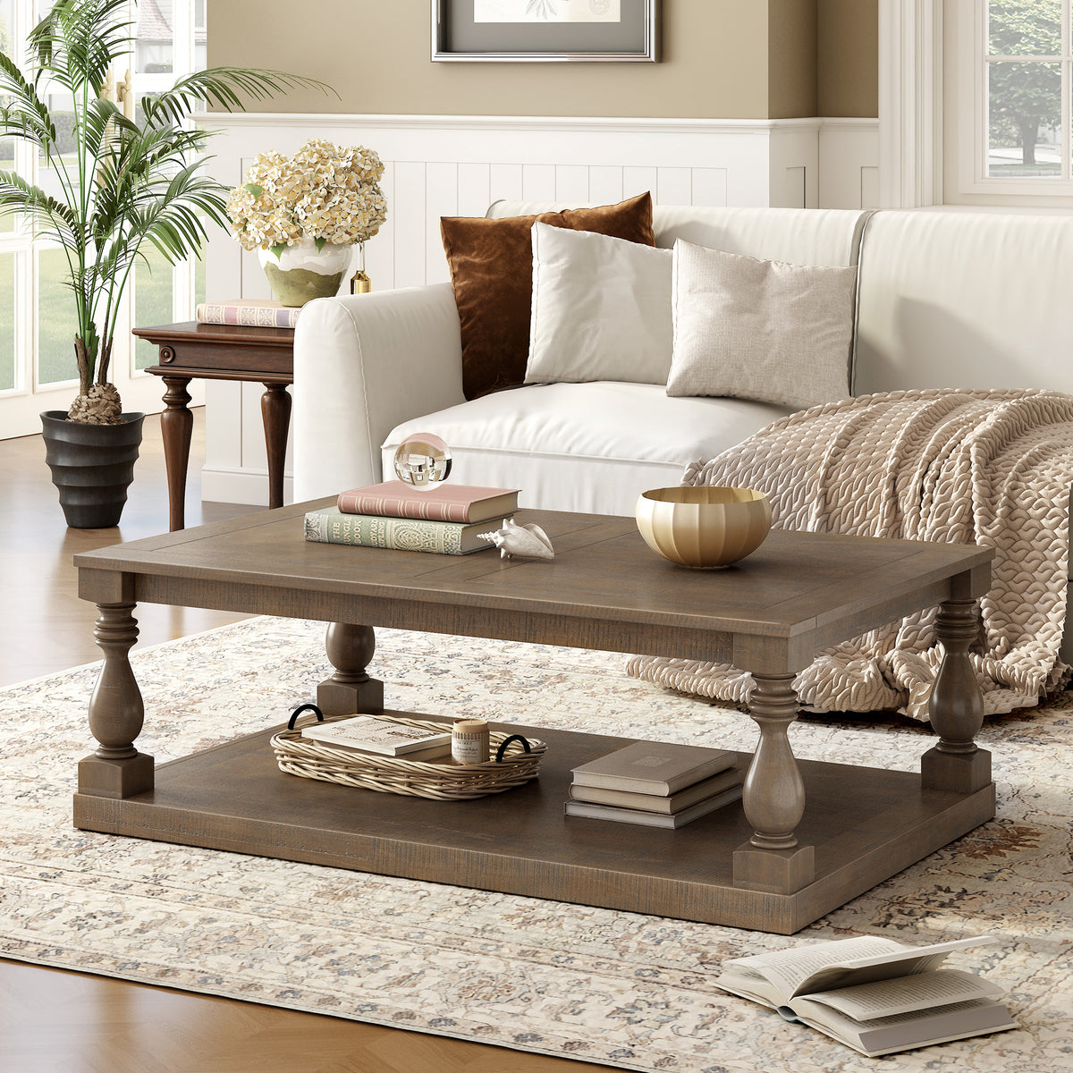 variant-group:rf-n711p407149d|Roomfitters Vintage Brown Pine Wood Coffee Table, Sculpted Vase Column Leg Cocktail Table, Living Room Statement Stand