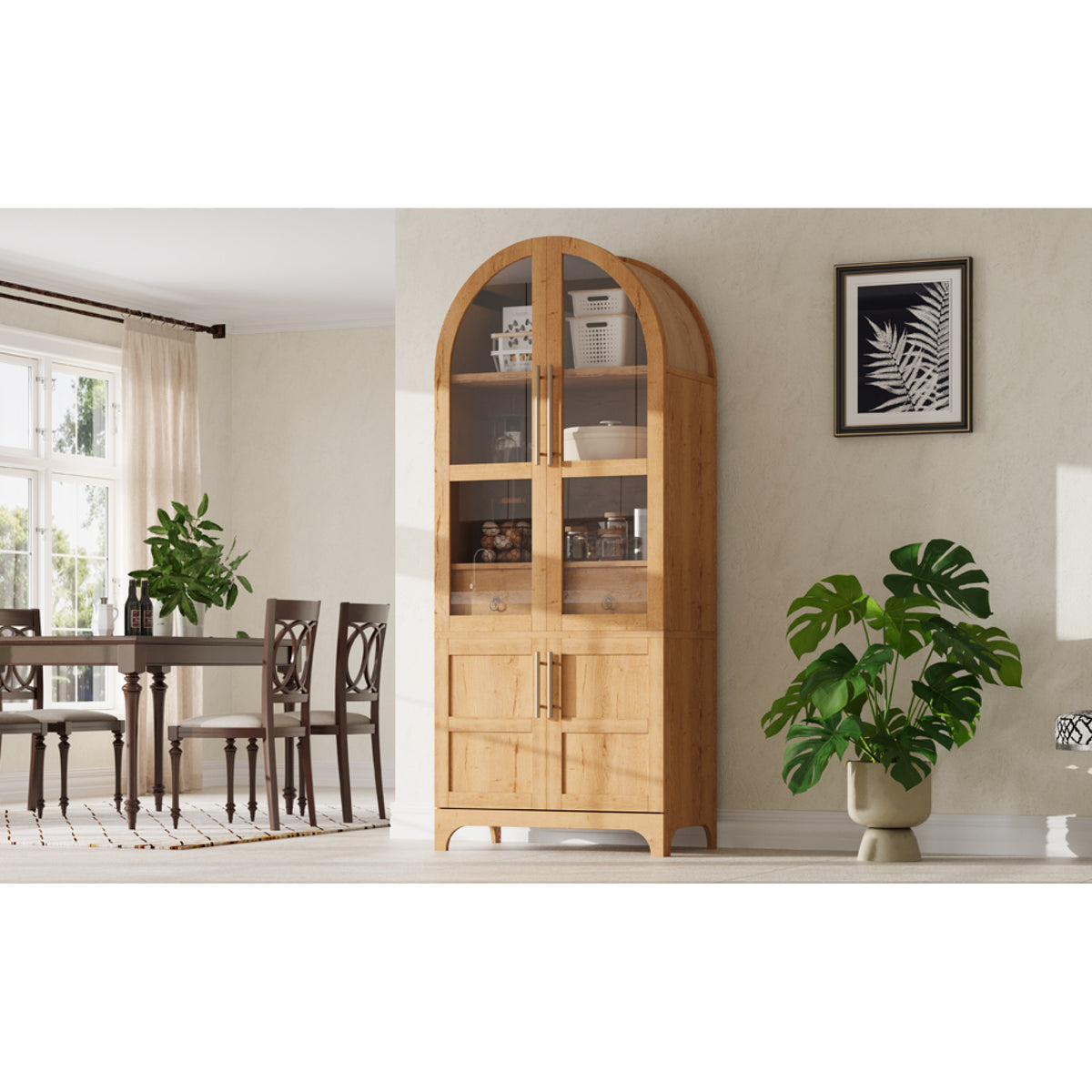 variant-group:rf-n707s288969y|Roomfitters 71" Pantry Cabinet with Arched Top & Glass Doors, 4-Door Storage Hutch with Adjustable Shelves for Kitchen, Natural