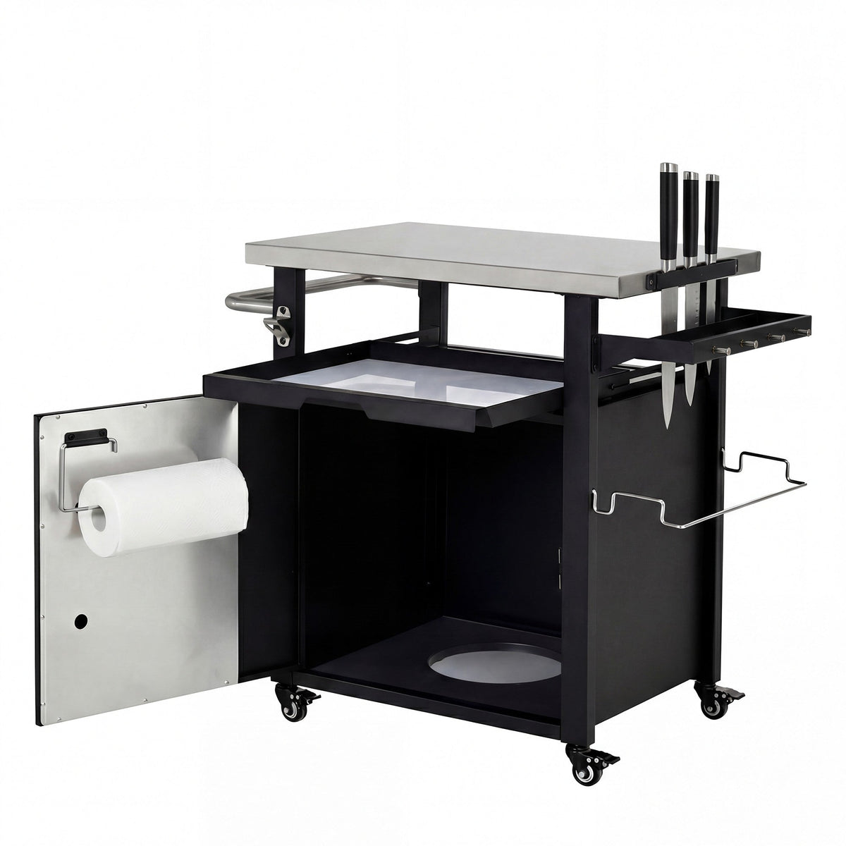 Roomfitters 39.5" Grill Cart with Stainless Steel Top, Outdoor Kitchen Island, BBQ Prep Station with Trash Bag Holder, Black