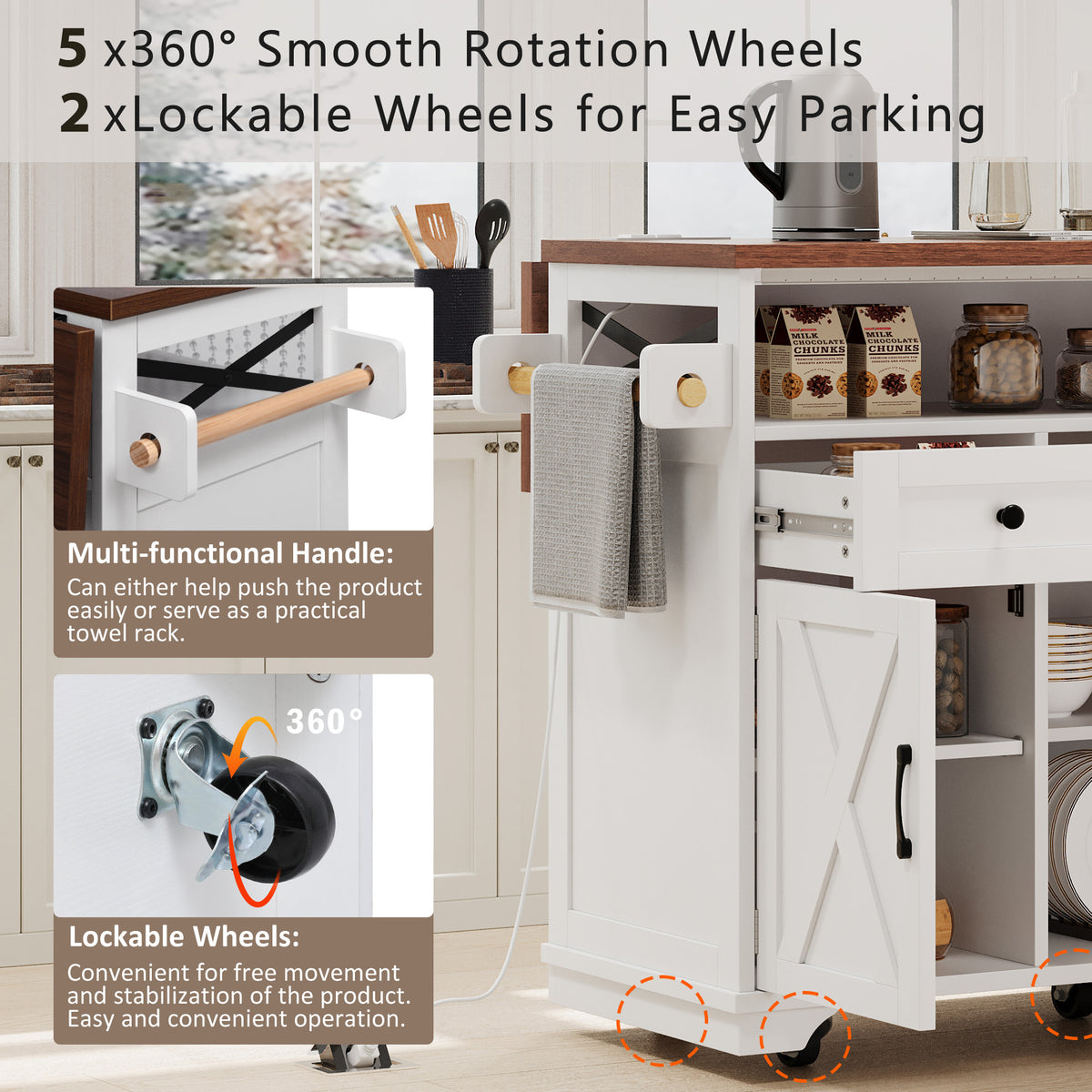 variant-group:rf-n707p254872w|Roomfitters 46.5" Rolling Kitchen Island with Drop Leaf, Mobile Cart with 2 AC Outlets & USB, Beaded Drape & 3 Drawers, White
