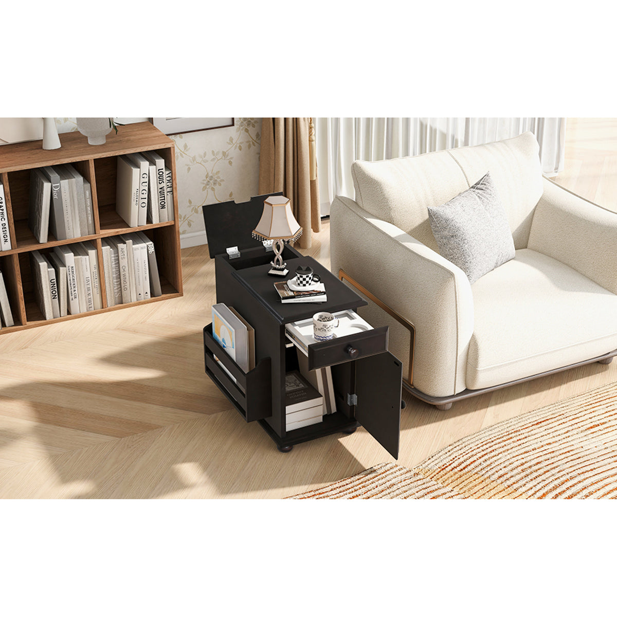 variant-group:rf-n724p293133p|Roomfitters Vintage Sofa Side Table with USB Ports, Flip Top, Cup Holders and Bookshelf Storage for Small Spaces, Espresso