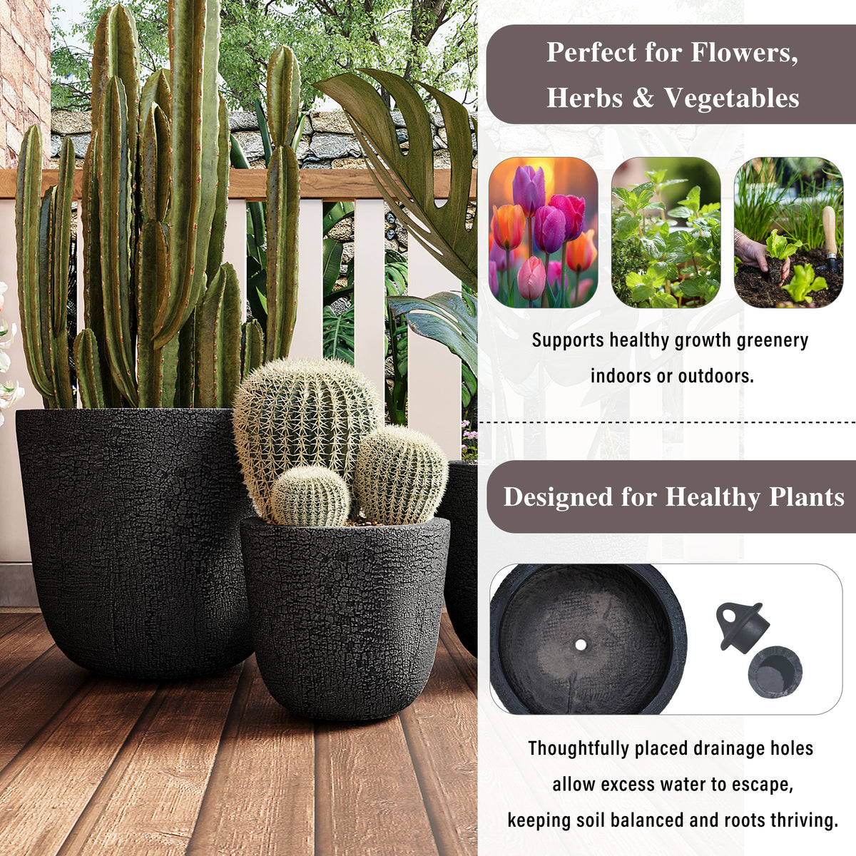 variant-group:rf-n711p406660b|Roomfitters Lightweight MGO Planter Set of 3, Round Weather Resistant Outdoor Indoor Flower Pots for Garden Patio, Black