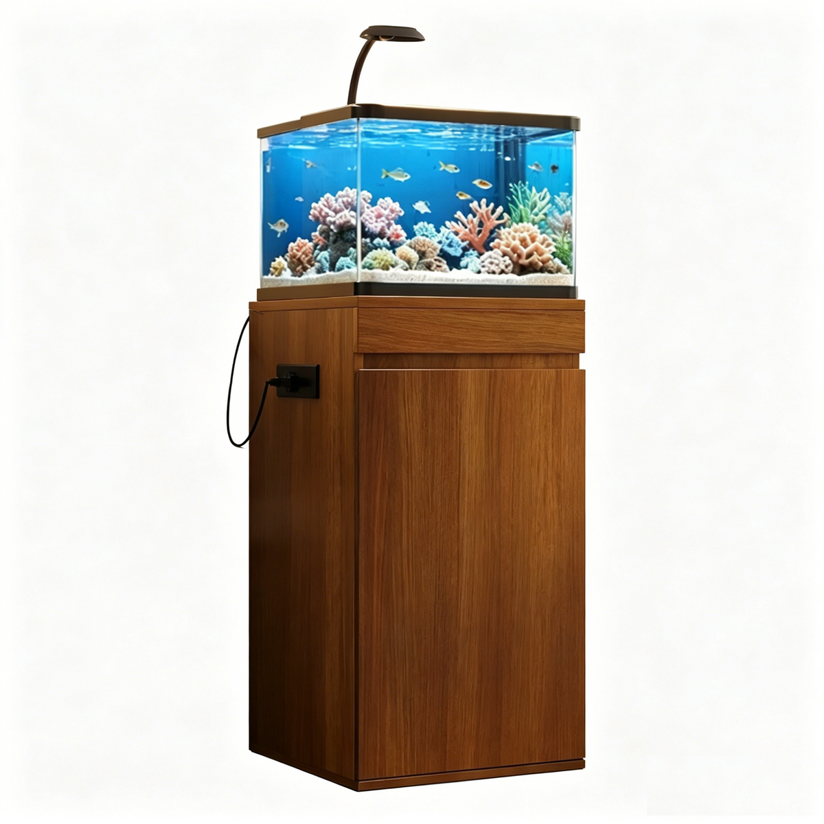 Roomfitters 10-15 Gallon Small Fish Tank Stand with Storage Cabinet and Side Power Outlets Walnut Brown Roomfitters