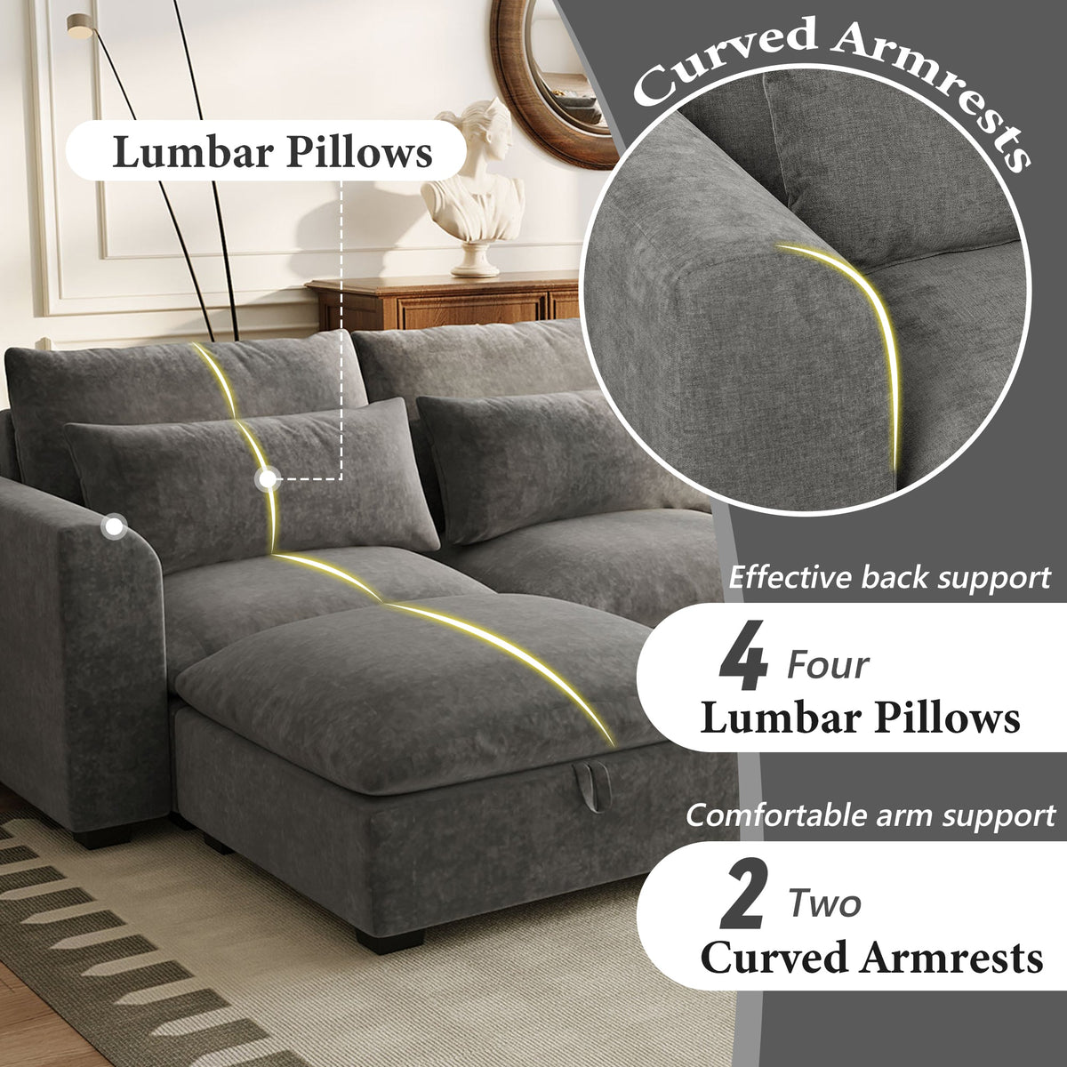 Roomfitters U-Shaped Modular Corner Sofa with Two Ottomans, Freely Transformable for Living Rooms, Studies, Home Theaters, Gray Roomfitters