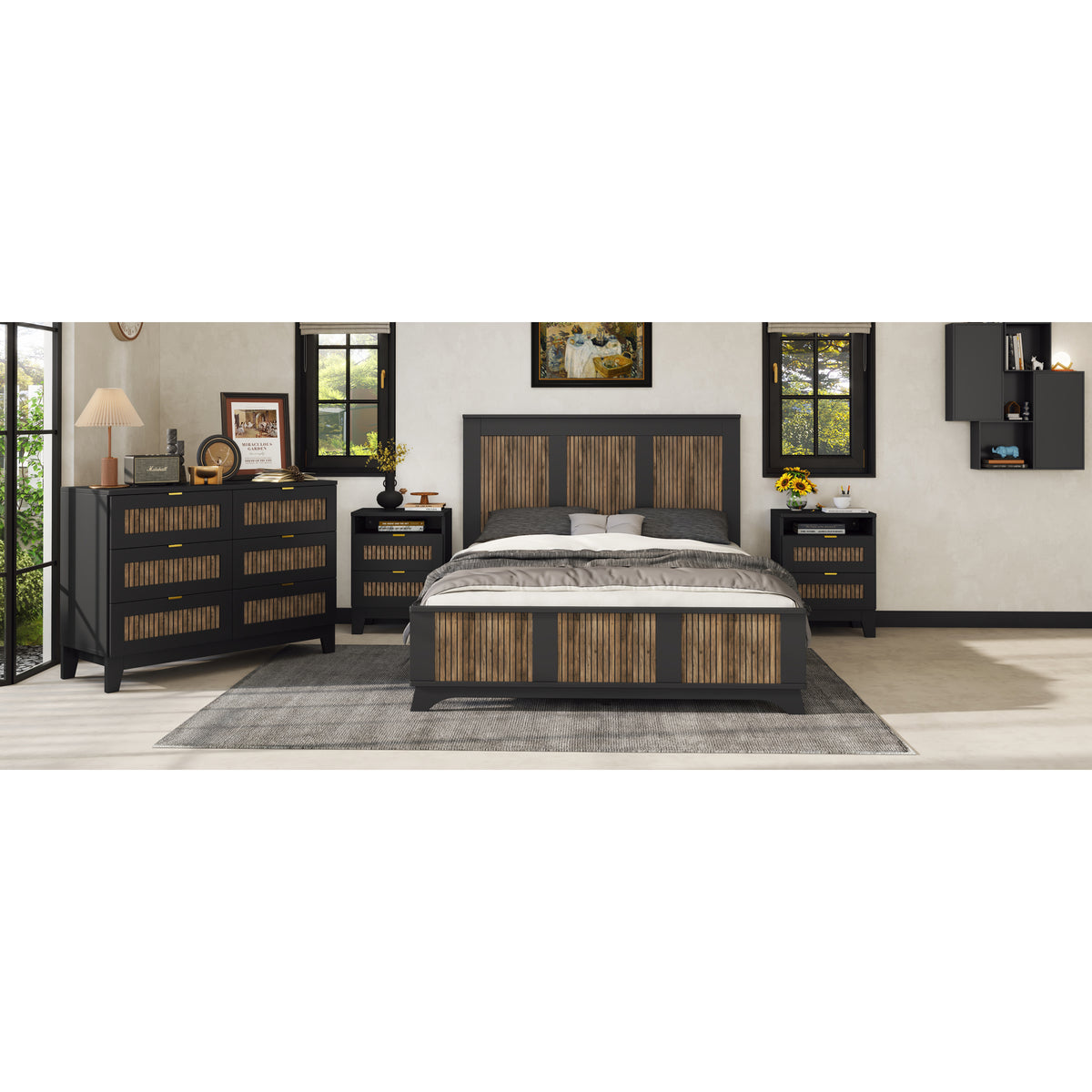 variant-group:rf-n733wf530906aab|Roomfitters Farmhouse Wooden Platform Queen Size Bed, Modern Platform Bed with Wooden Strip Stickers Decoration, Plywood Slats Support, Black