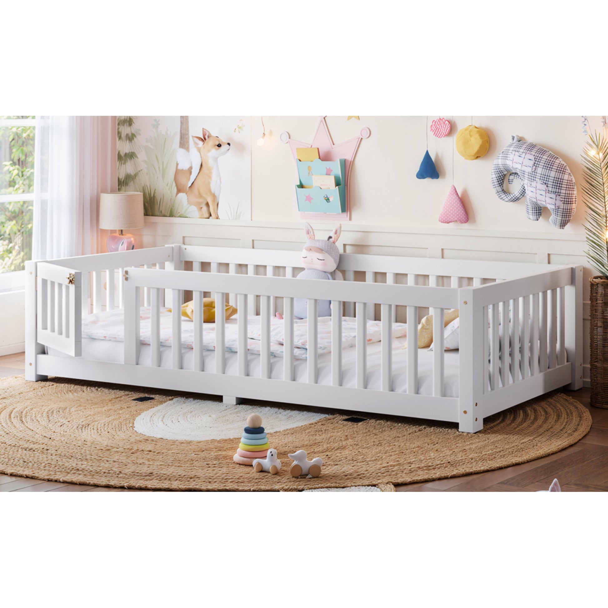 variant-group:rf-w1580p462311|Roomfitters Twin Size Wooden Floor Bed Frame with Safety Guardrails Door, Solid Wood Low Profile Toddler Play Bed, White