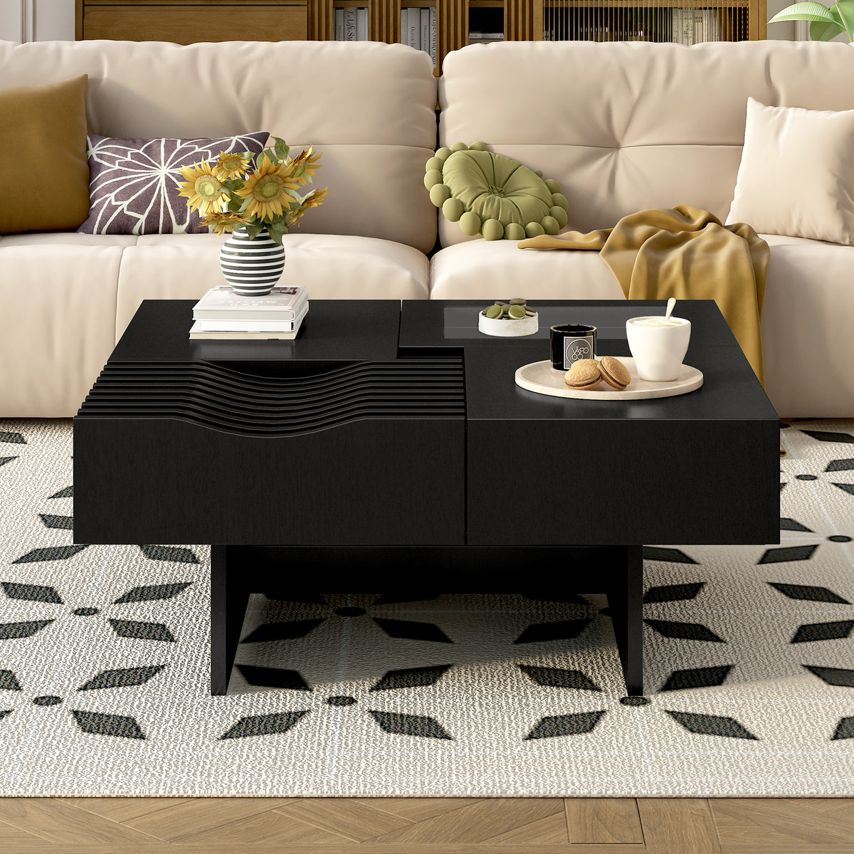 variant-group:rf-n724p270432b|Roomfitters Square Mid-Century Coffee Table with Glass Top and 3 Storage Compartments, Solid Wood Legs, Black