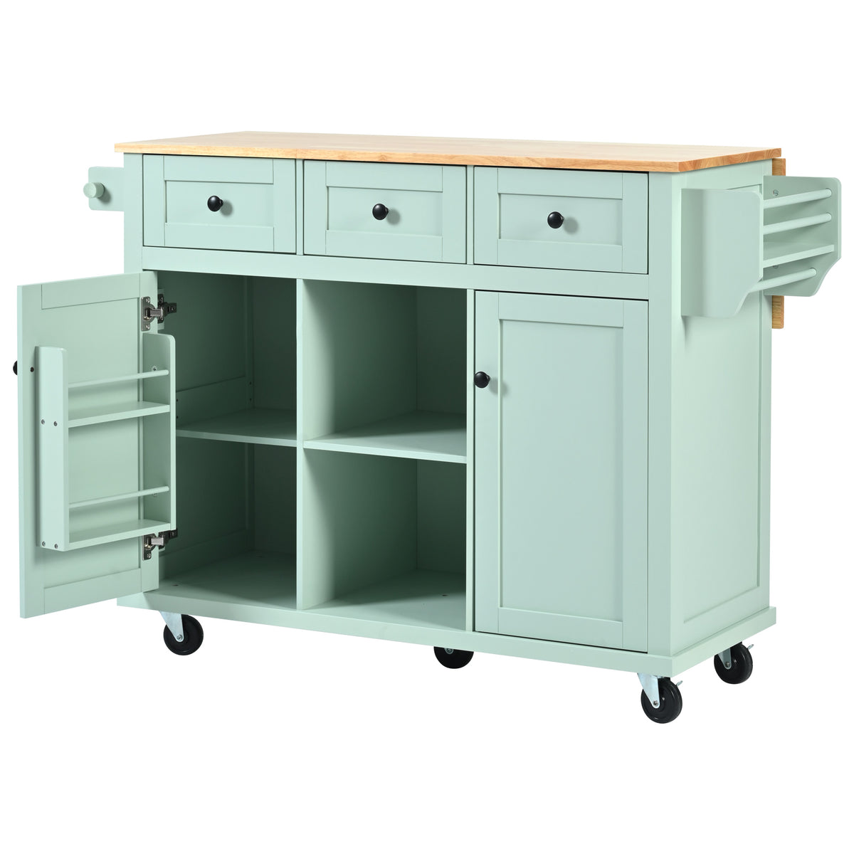 variant-group:rf-n707wf298028aae|Roomfitters Kitchen Cart with Rubber Wood Drop-Leaf Countertop, Cabinet Door Storage Racks, 5-Wheel Kitchen Island with Storage Cabinet & 3 Drawers, Mint Green
