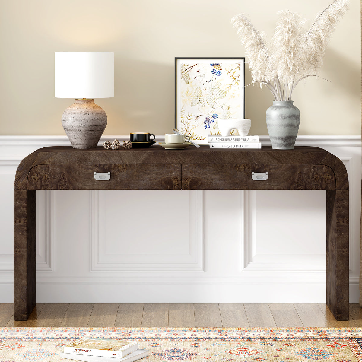 variant-group:rf-n711p216235p|Roomfitters 60'' Modern Wooden Console Table with 2 Storage Drawers, Burl Veneer Entryway Table with Metal Handles for Living Room, Hallway or Office, Dark Brown