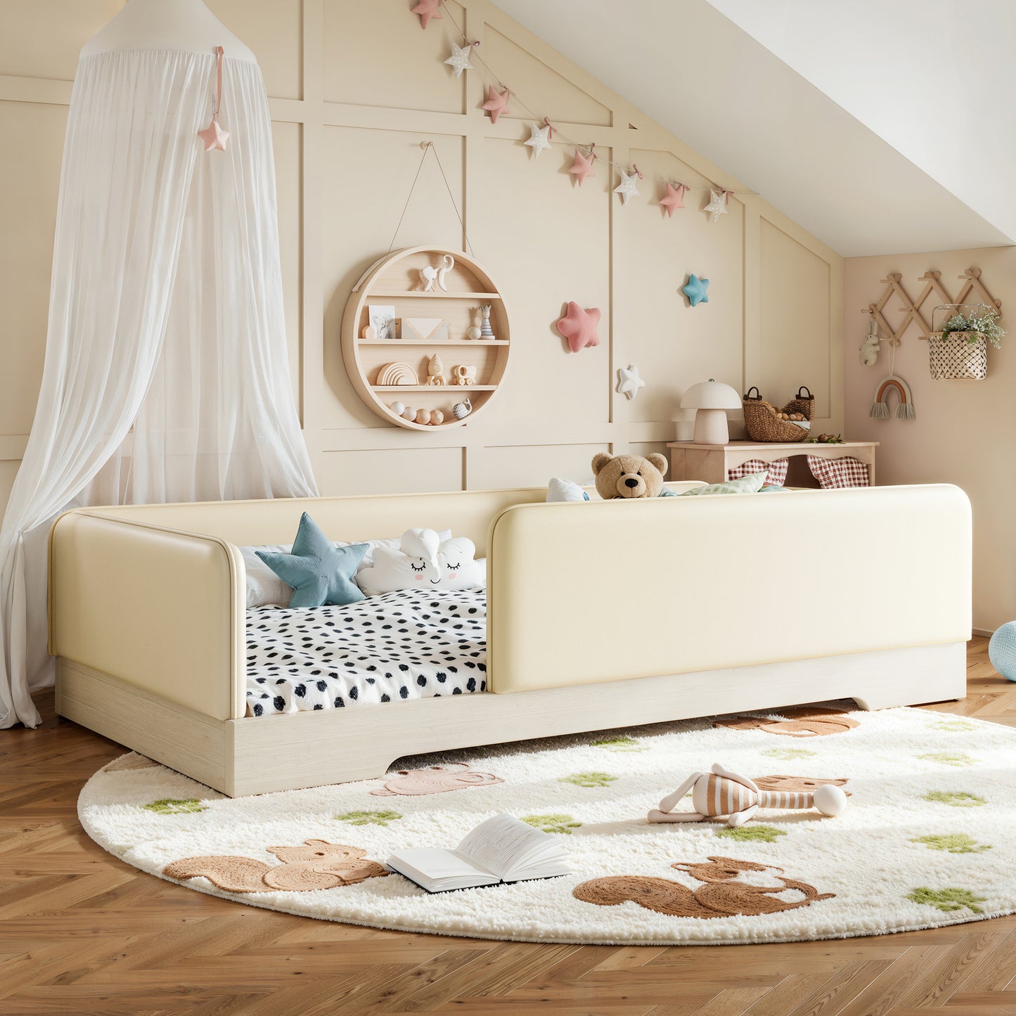variant-group:rf-w1580p493129|Roomfitters Twin Size Upholstered Floor Bed Frame with Removable Guardrails, Faux Leather Low Profile Platform, Beige