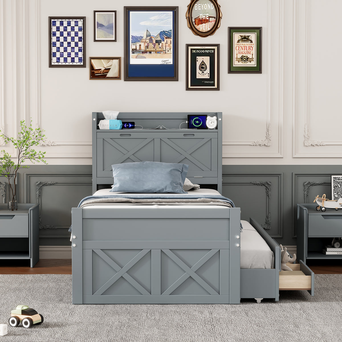 variant-group:rf-n733s172839e|Roomfitters Twin Size Wooden Bed with Storage Headboard, Convenient Outlets, Extendable Frame with Twin Trundle and Ample Storage, Gray