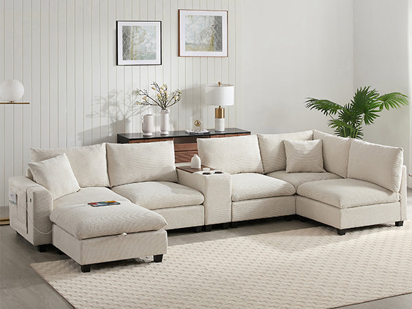 variant-group:rf-n723s1166a|Roomfitters 139 Inch U-Shaped Modular Sectional Sofa with Storage Console, Cup Holders and USB Ports for Living Room, Beige