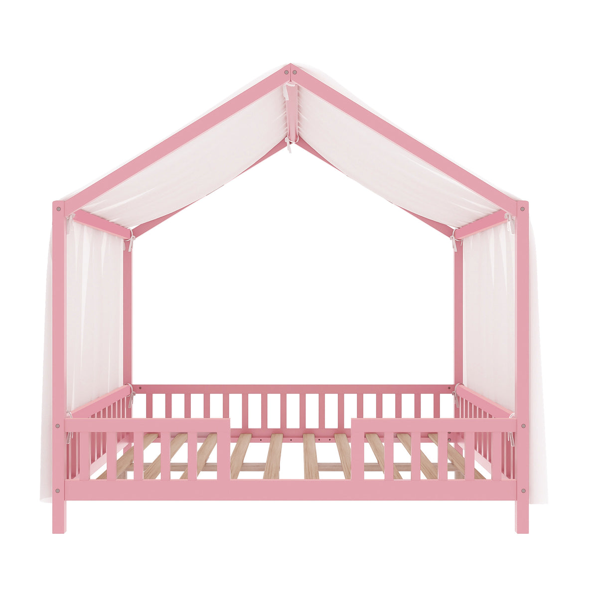 variant-group:rf-n733p356048h|Roomfitters Full Montessori Floor Bed with Canopy, House Shape Wood Frame with Safety Rails, Platform Bed, Pink