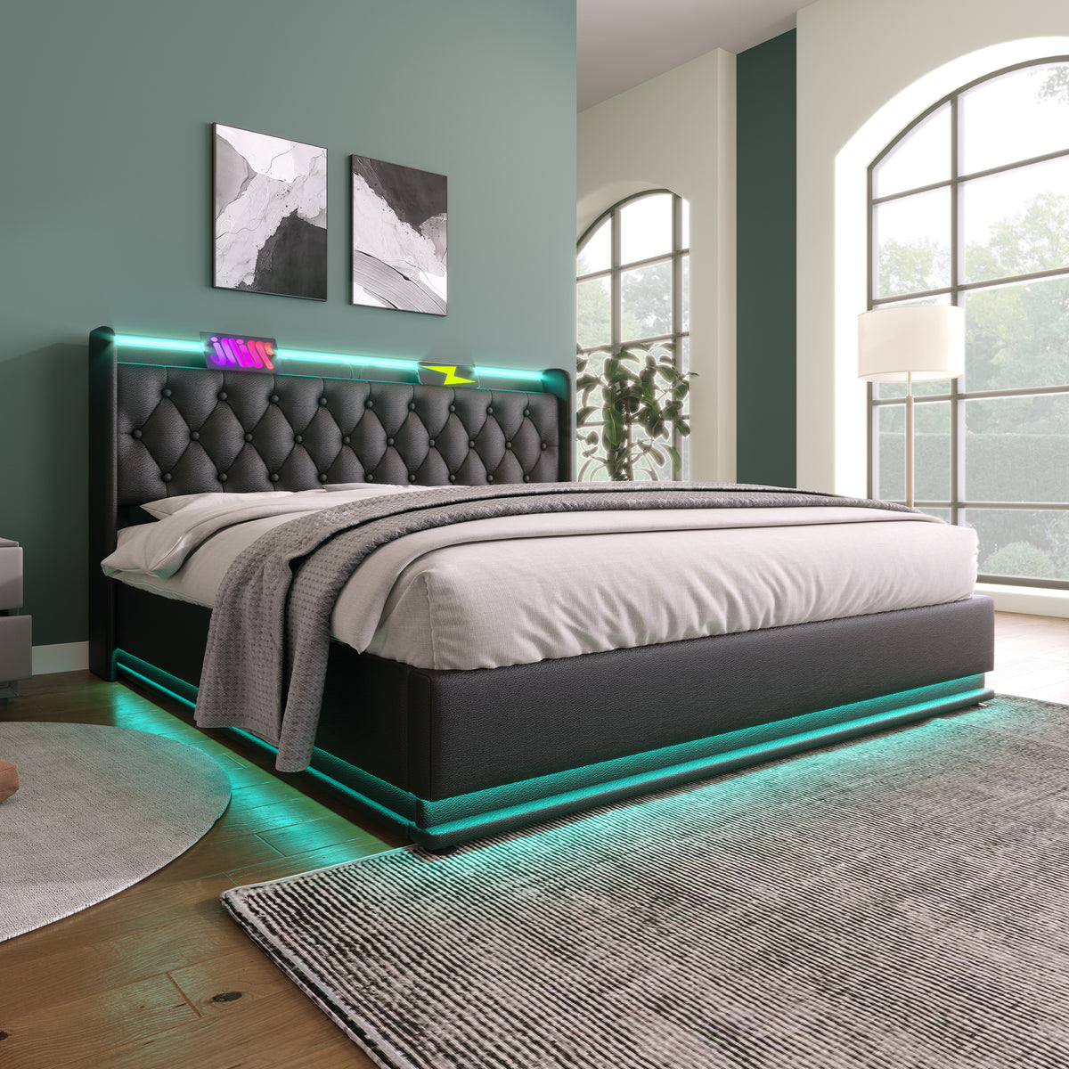 variant-group:rf-n736p188808b|Roomfitters King Size Upholstered Storage Bed with USB Type-C Charging and Remote Control, Faux Leather Black