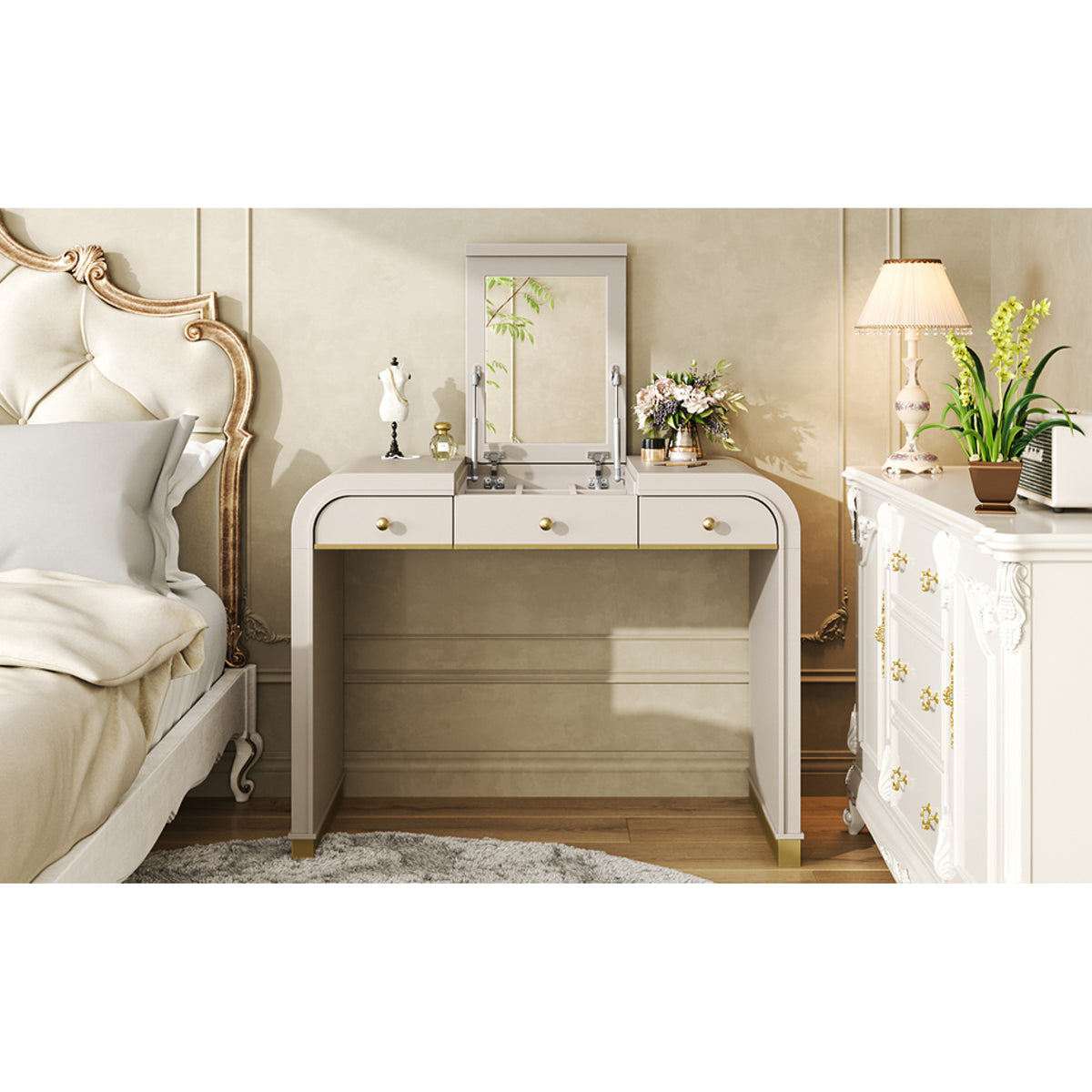 variant-group:rf-n704p381406c|Roomfitters Flip Top Vanity Desk with Mirror and Hidden Storage, Modern Makeup Table with Gold Trim for Small Space, Champagne