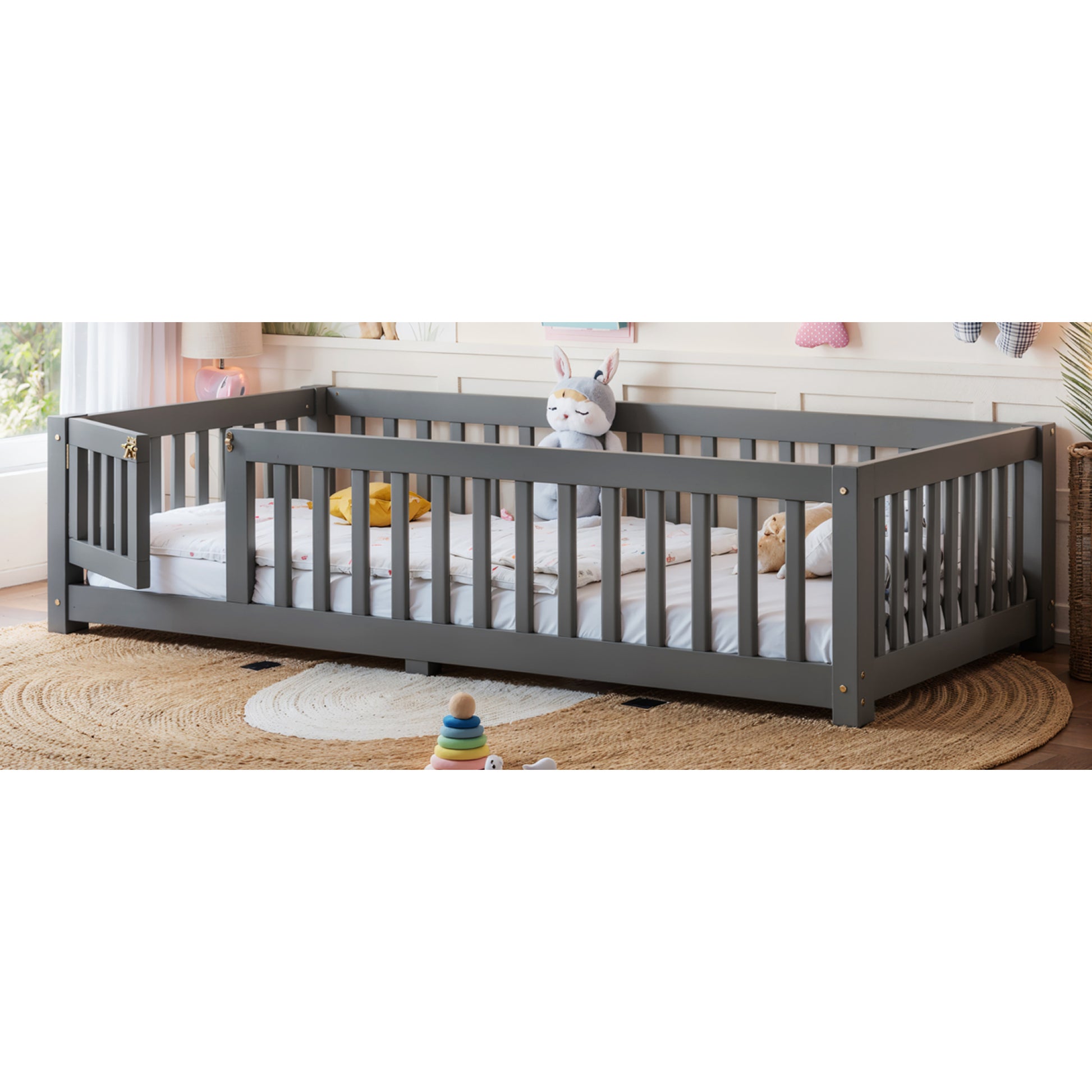 variant-group:rf-w1580p462312|Roomfitters Twin Size Wooden Floor Bed Frame with Safety Guardrails Door, Solid Wood Low Profile Toddler Play Bed, Gray