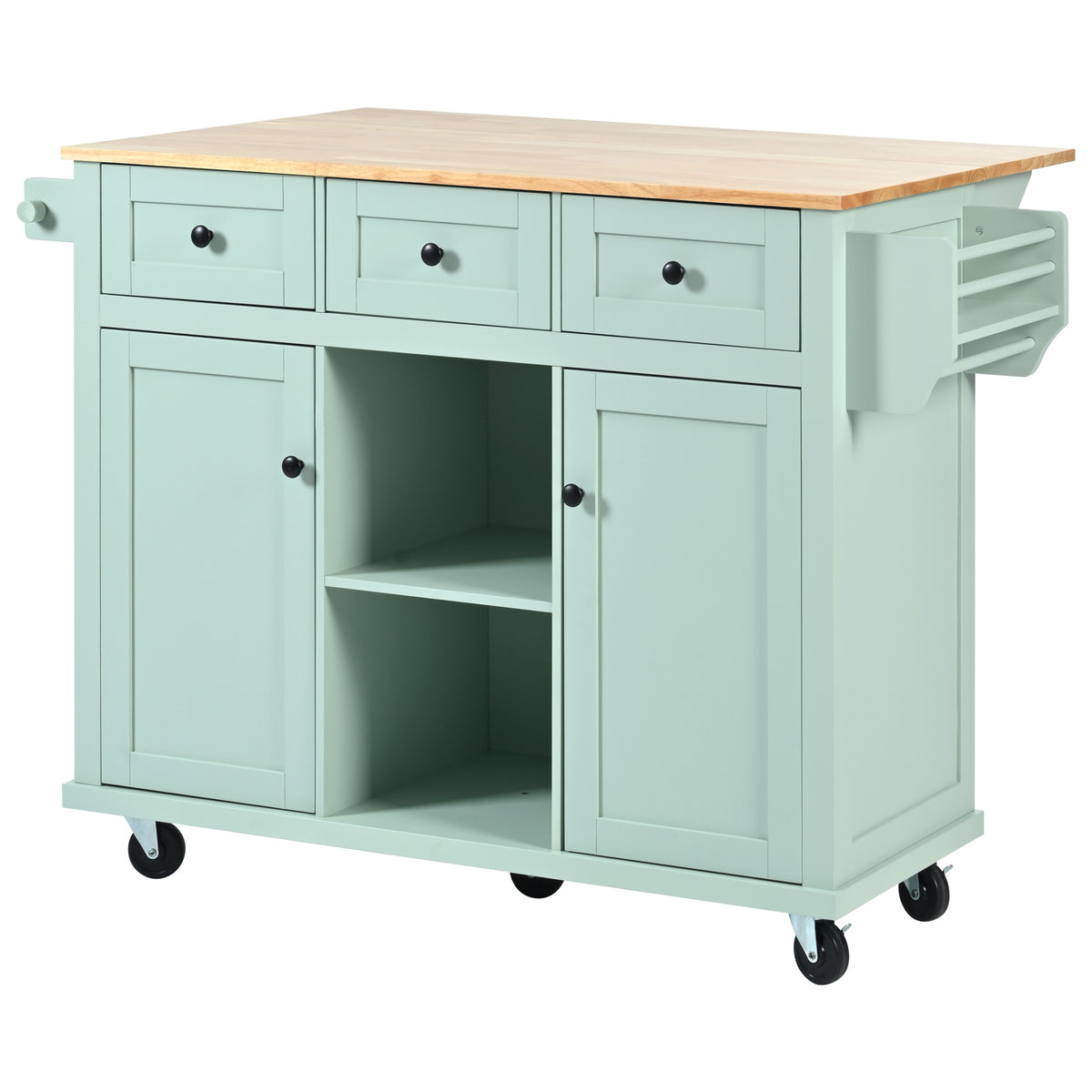 variant-group:rf-n707wf298028aae|Roomfitters Kitchen Cart with Rubber Wood Drop-Leaf Countertop, Cabinet Door Storage Racks, 5-Wheel Kitchen Island with Storage Cabinet & 3 Drawers, Mint Green