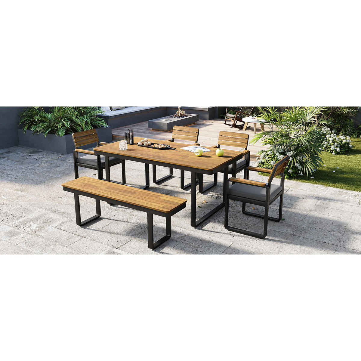 variant-group:rf-n704g201255e|Roomfitters 6-Piece Solid Acacia Wood Patio Dining Set with Steel Frames and Cushion Chairs Gray