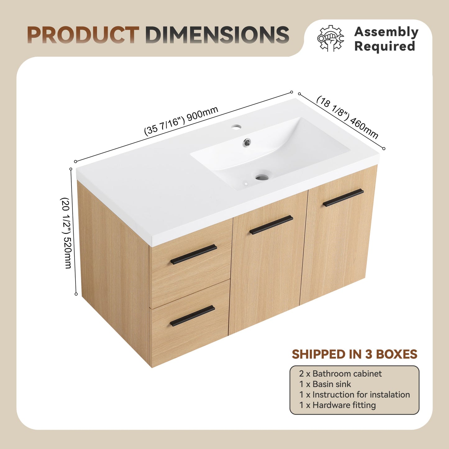 36" Wall-Mounted Floating Bathroom Vanity with Sink, Light Oak, 2-Door & 2-Drawer Modular Cabinet, Gel Coat Sink Top, 3 Boxes Roomfitters