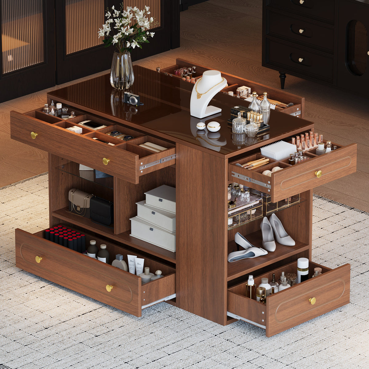 Roomfitters Closet Island with 6 Drawers, Glass Display Top and Open Shelves, Wardrobe Storage and Jewelry Vanity, Walnut
