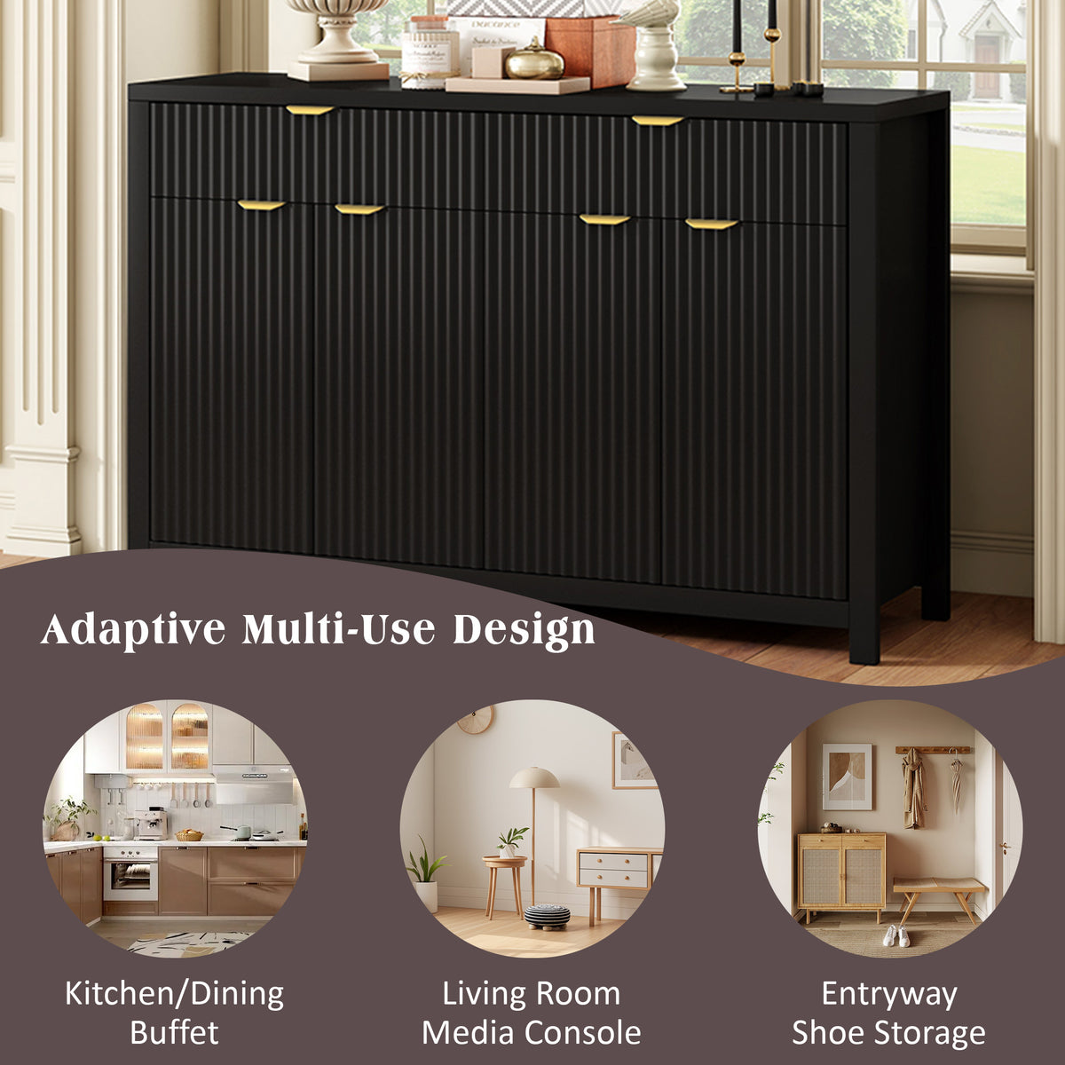 variant-group:rf-n711p269068b|Roomfitters Modern Sideboard Cabinet, Wave Pattern Storage Buffet with Adjustable Shelves, Accent Console, Black