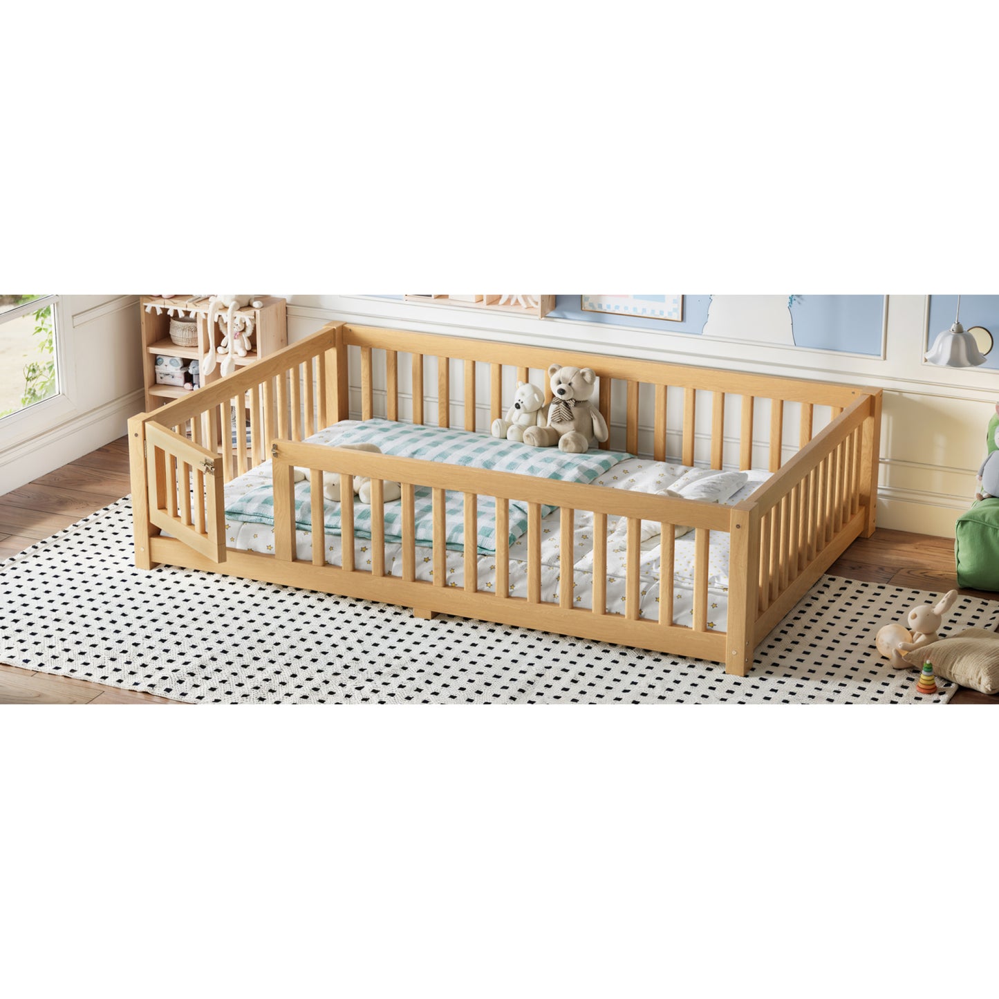 variant-group:rf-w1580p462323|Roomfitters Full Size Wooden Floor Bed Frame with Safety Guardrails Door, Solid Wood Low Profile Toddler Play Bed, Natural