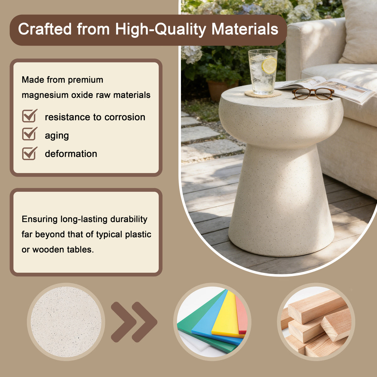 variant-group:rf-n711p422070k|Roomfitters Modern Beige Mushroom Concrete Side Table, Geometric Pedestal End Table, MgO Travertine Texture Stool