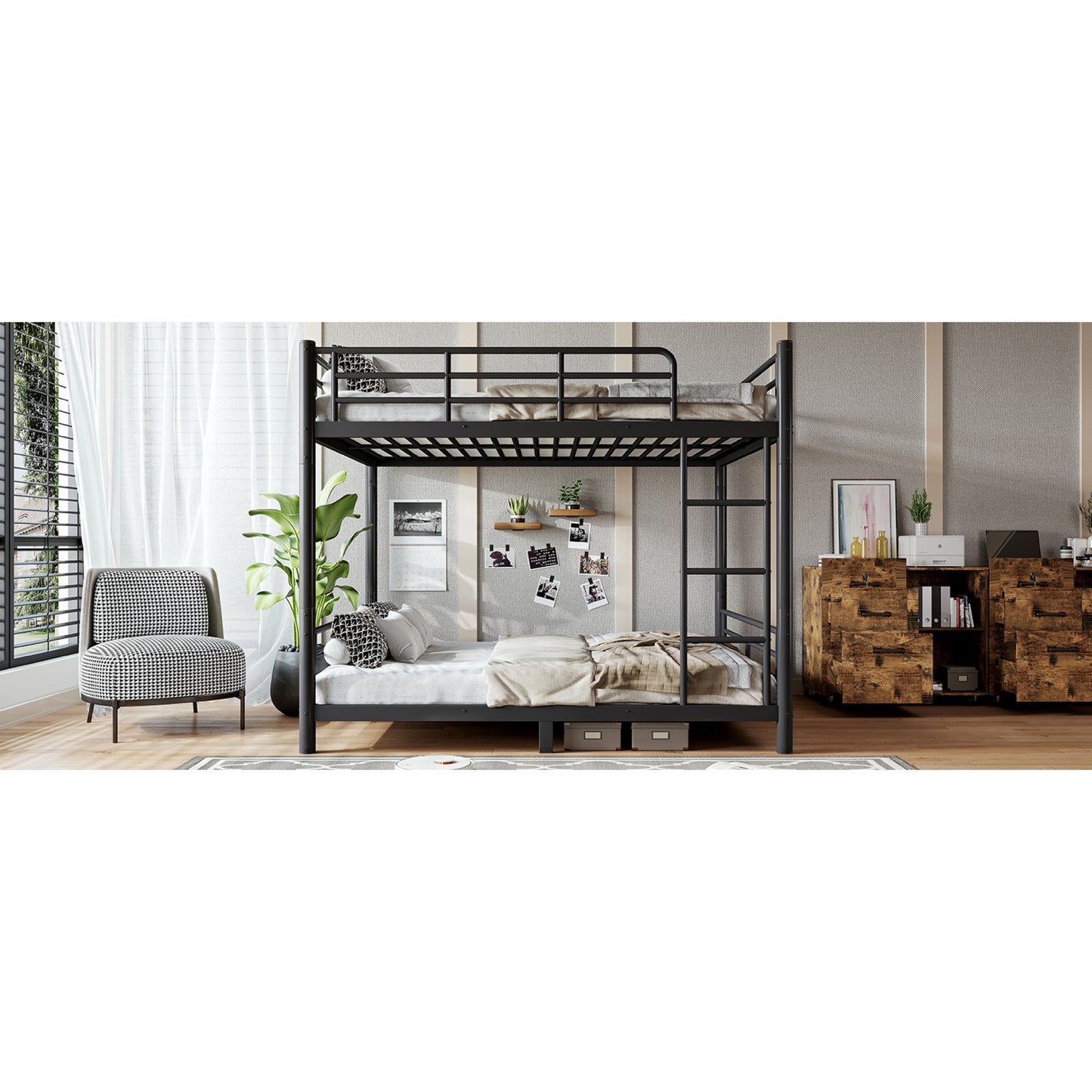 variant-group:rf-w1580s00607|Roomfitters Queen over Queen Metal Bunk Bed Frame for Teens Adults, Convertible 2 Separate Beds Round Tube, Black