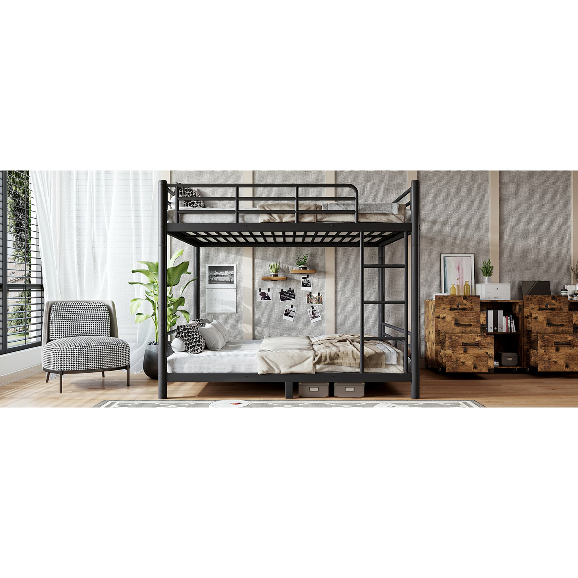 variant-group:rf-w1580s00607|Roomfitters Queen over Queen Metal Bunk Bed Frame for Teens Adults, Convertible 2 Separate Beds Round Tube, Black