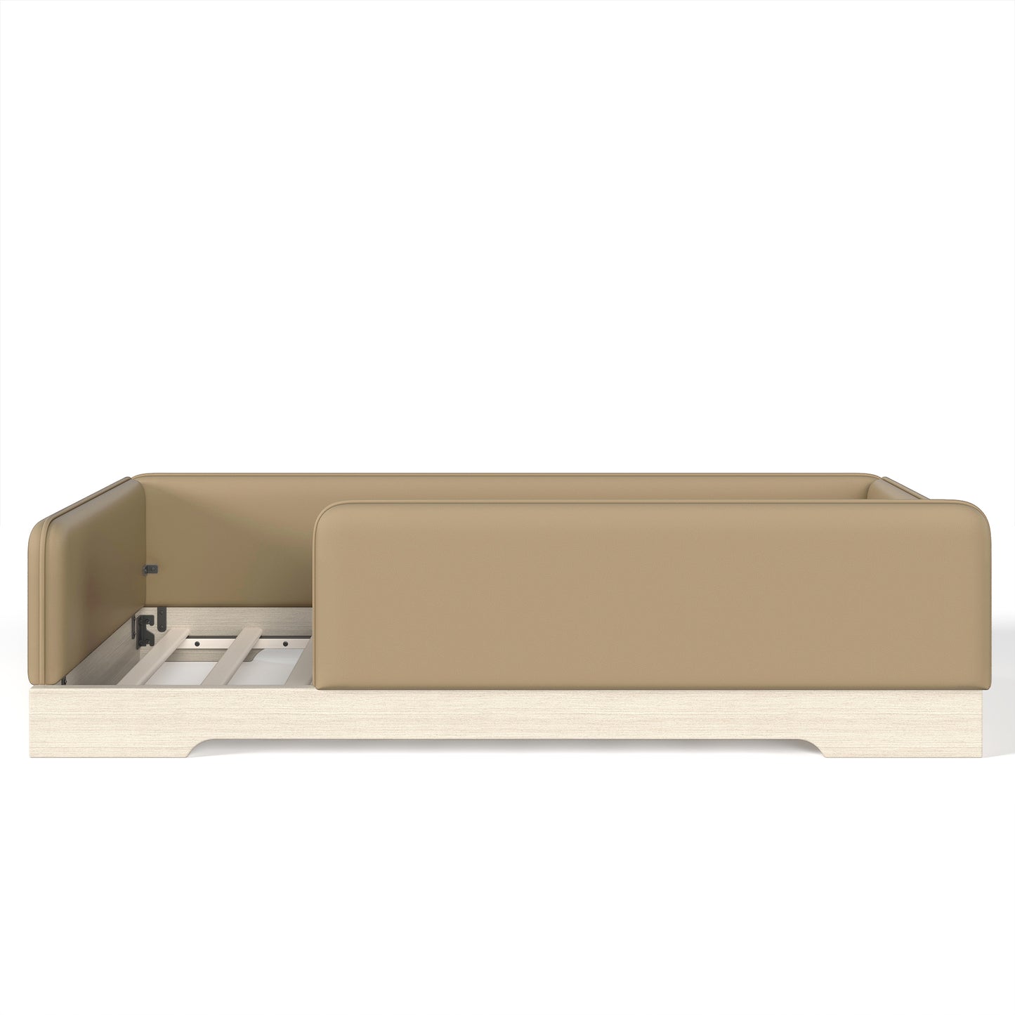 variant-group:rf-w1580p493126|Roomfitters Twin Size Upholstered Floor Bed Frame with Removable Guardrails, Faux Leather Low Profile Platform, Brown