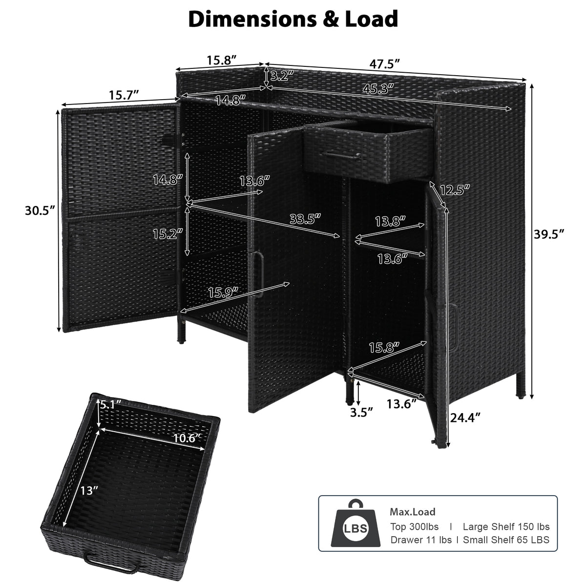 variant-group:rf-n707p233745b|Roomfitters 47.5" Wicker Outdoor Storage Cabinet, Rattan Bar Table with Glass Top, Adjustable Shelf, 3 Doors, Black Brown