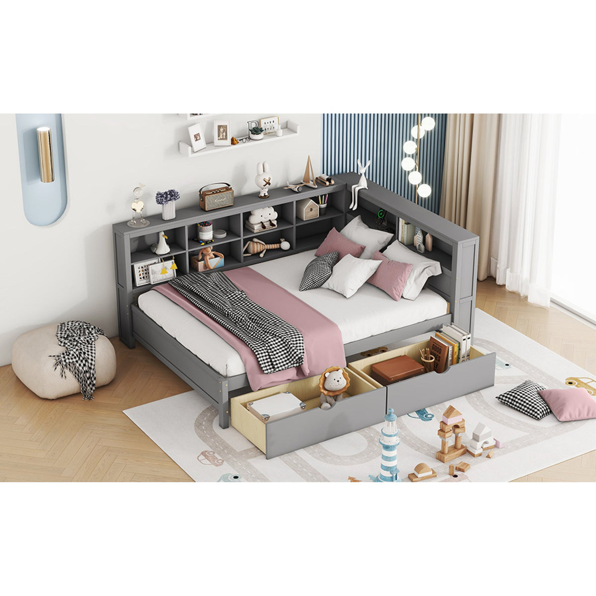 Roomfitters Wooden Full Size Daybed with Versatile Storage Shelf and USB Charging Ports, Functional Design for Modern Living, Grey