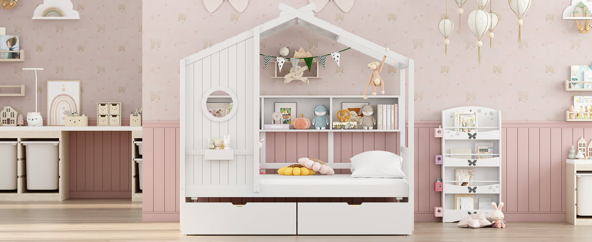 variant-group:rf-n733s308483k|Roomfitters Wooden Twin Size House Bed with 2 Drawers and Storage Shelf, White