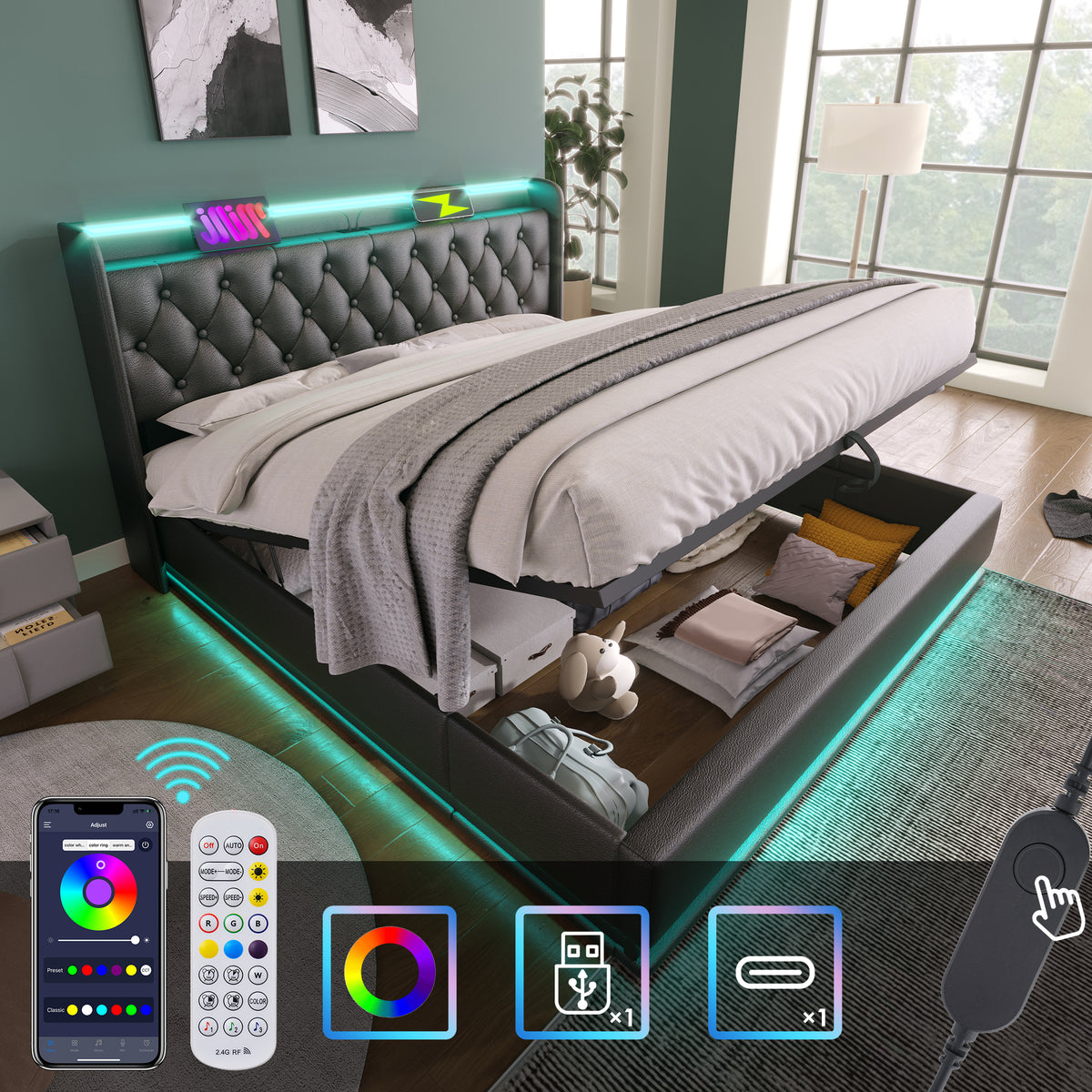 variant-group:rf-n736p188808b|Roomfitters King Size Upholstered Storage Bed with USB Type-C Charging and Remote Control, Faux Leather Black