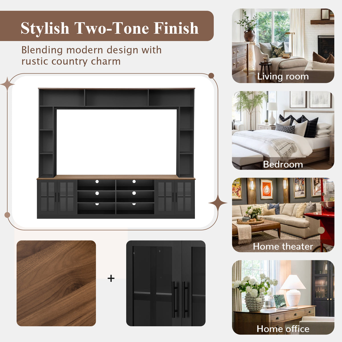 variant-group:rf-n724sj000127aab|Roomfitters Wall Unit Entertainment Center for up to 80 Inch TV, Media Console with Cabinets and Bookshelves, Black