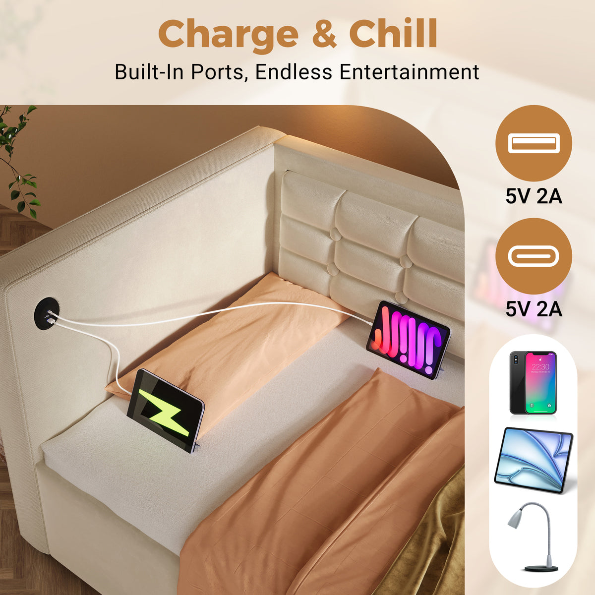 variant-group:rf-n736p303402b|Roomfitters Upholstered Twin Size Daybed with Storage, USB & Type-C Charging, Tufted Sofa Back, Velvet Beige