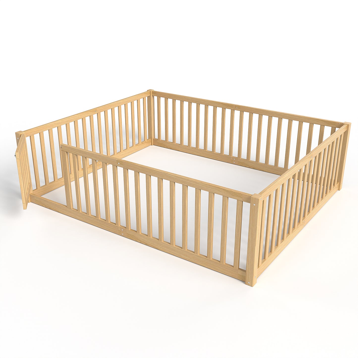 variant-group:rf-w1580p417673|Roomfitters Queen Size Wooden Floor Bed with Safety Guardrails Door, Solid Wood Low Profile Toddler Bed Frame, Natural