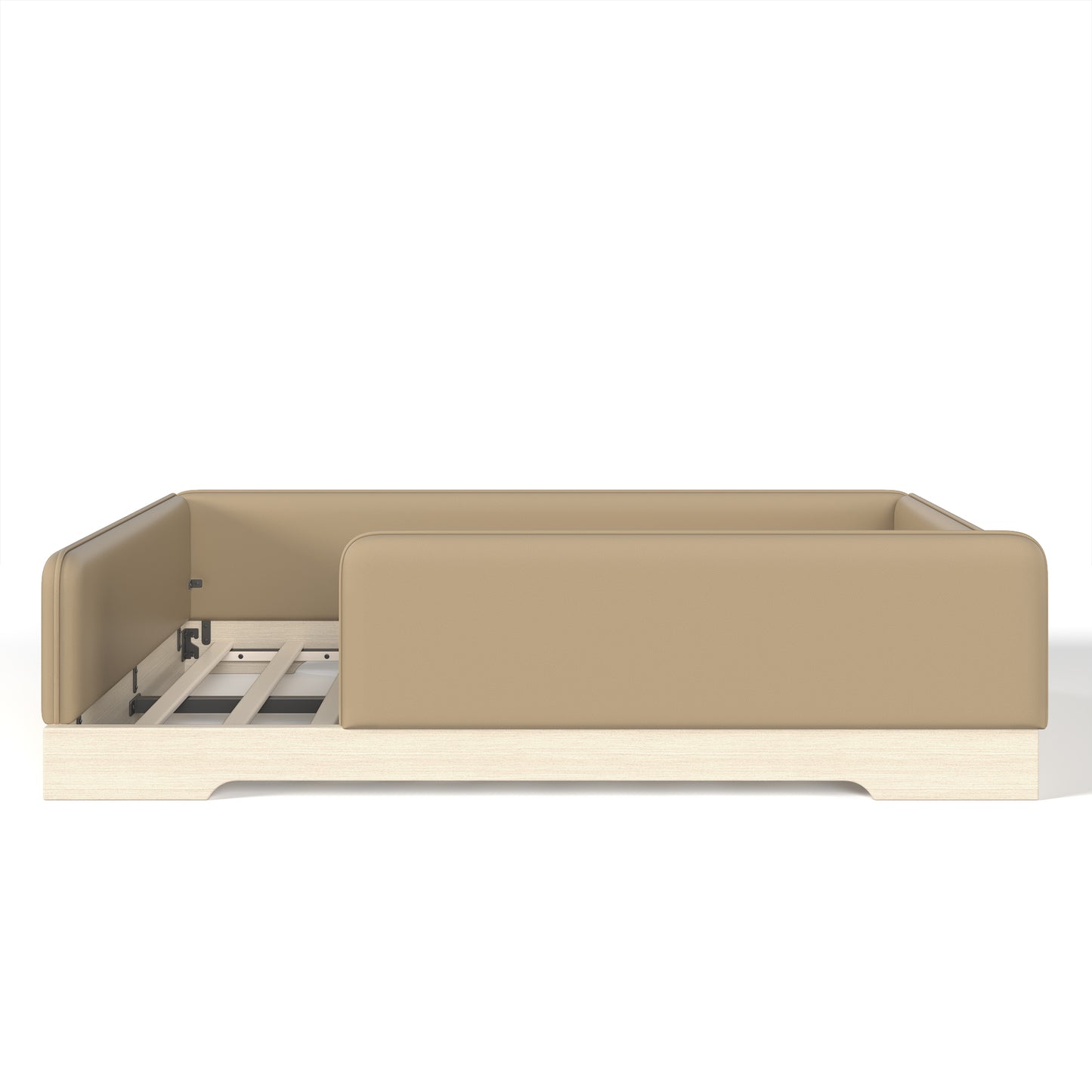 variant-group:rf-w1580s00670|Roomfitters Full Size Upholstered Floor Bed Frame with Removable Guardrails, Faux Leather Low Profile Platform, Brown