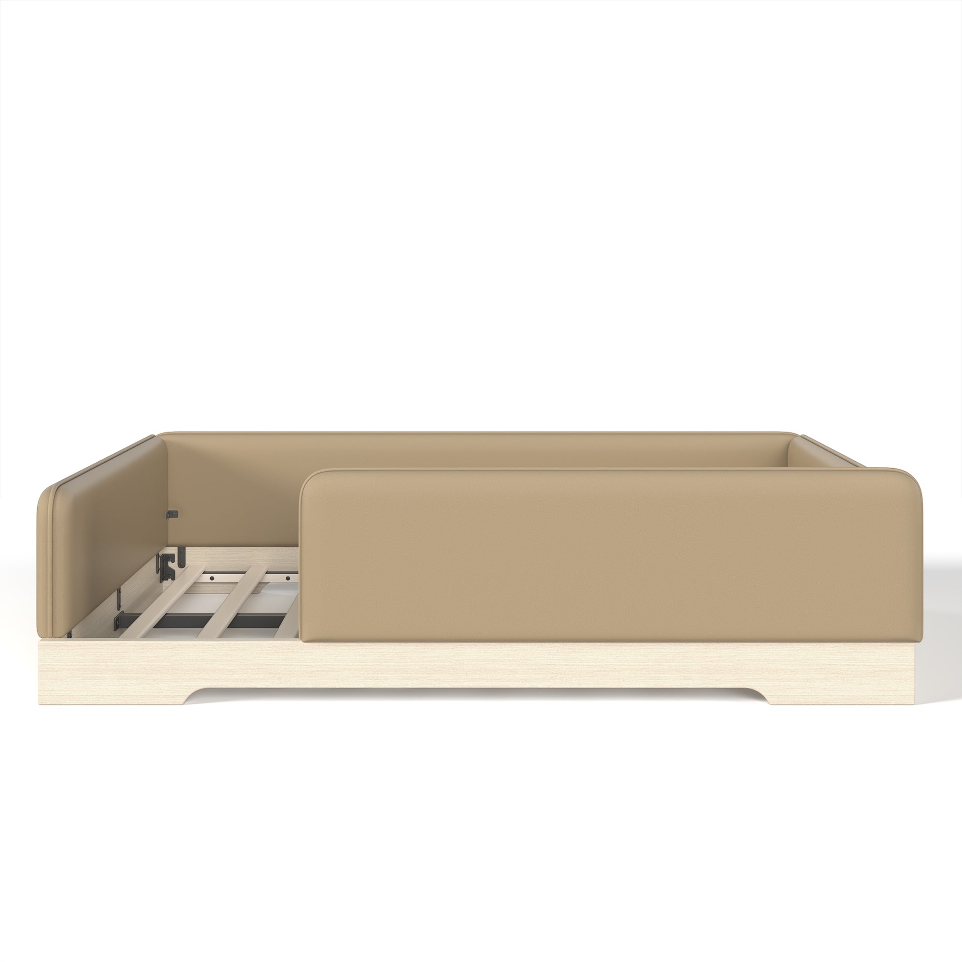 variant-group:rf-w1580s00670|Roomfitters Full Size Upholstered Floor Bed Frame with Removable Guardrails, Faux Leather Low Profile Platform, Brown