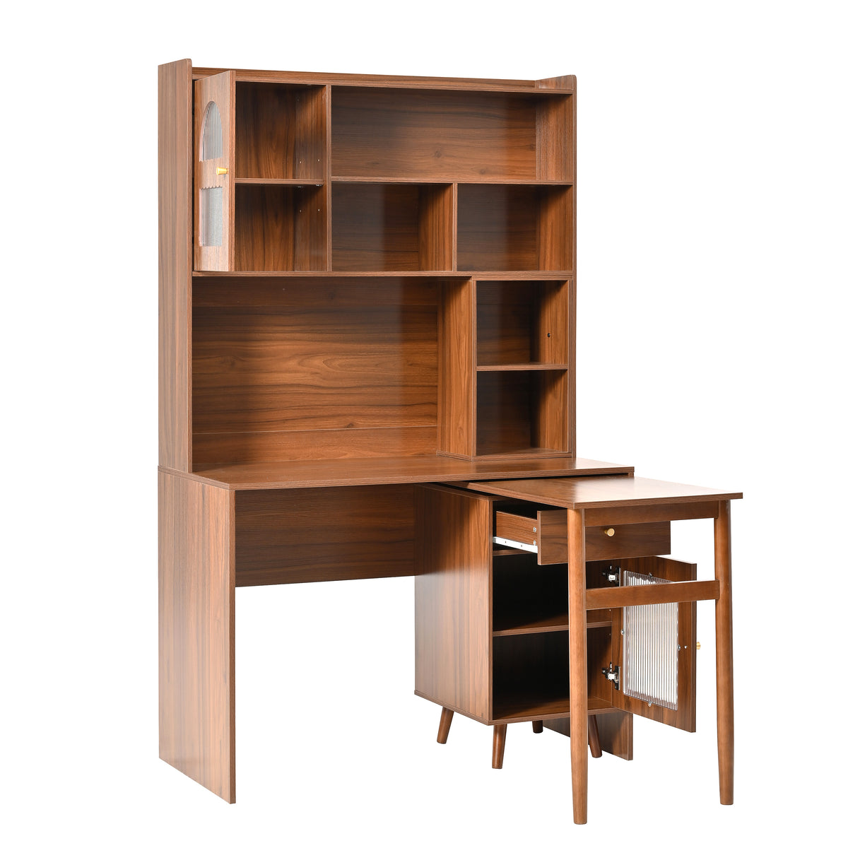 variant-group:rf-n733s363716d|Roomfitters Rotating L-Shaped Computer Desk with Shelves and Storage, 90° Swivel Office Writing Desk, Walnut