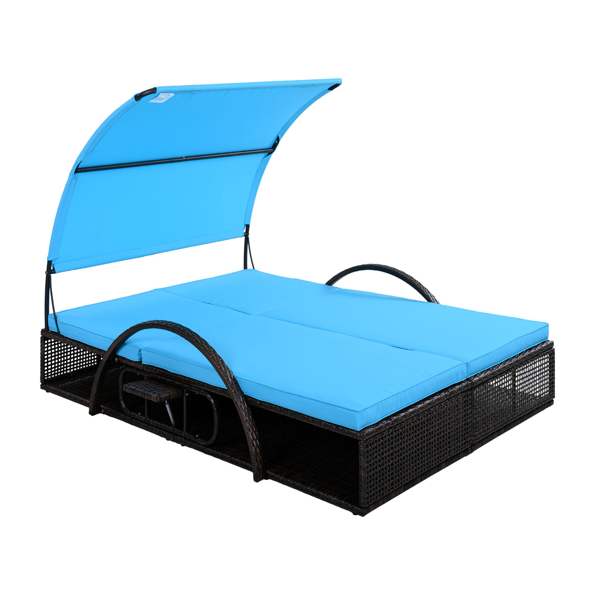 variant-group:rf-n711wy000485aac|Roomfitters Blue HDPE Wicker Outdoor Double Sunbed, Steel Frame Patio Chaise, Hidden Side Tables, Canopy Shade