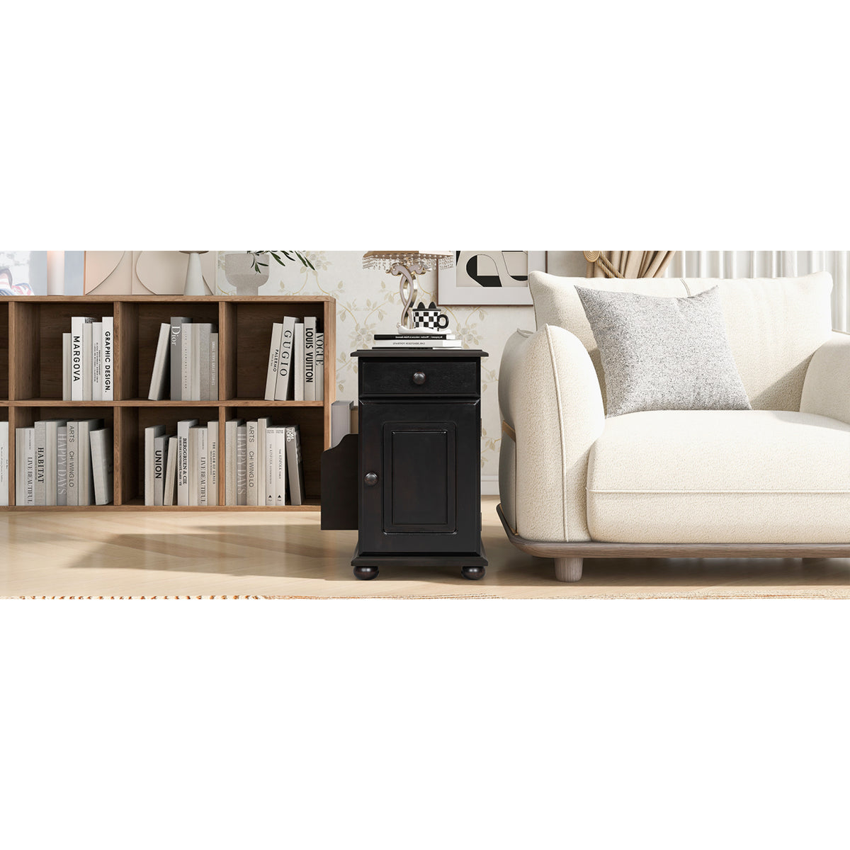 variant-group:rf-n724p293133p|Roomfitters Vintage Sofa Side Table with USB Ports, Flip Top, Cup Holders and Bookshelf Storage for Small Spaces, Espresso