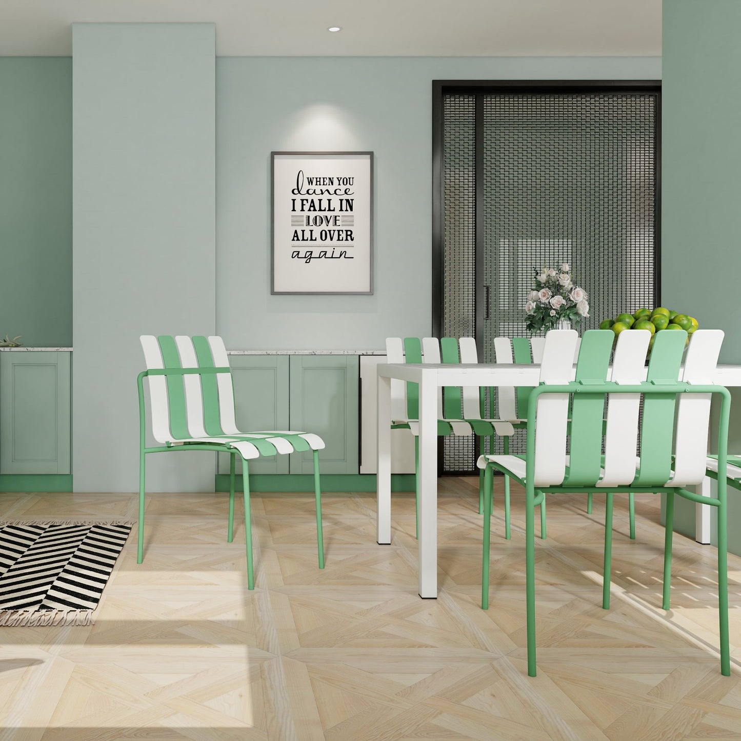 Summer- 4-Pack Modern Striped Color Block Chairs - Waterproof PP Seat & Sturdy Metal Legs, Indoor/Outdoor Dining Set for Patio, Balcony, Café (White & Green) Roomfitters