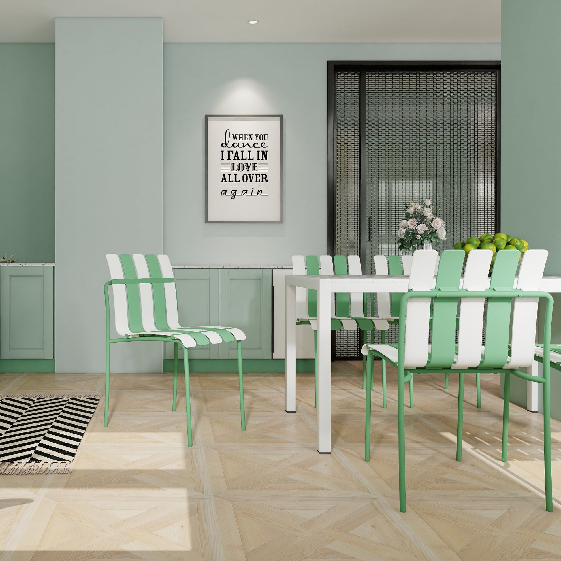 Summer- 4-Pack Modern Striped Color Block Chairs - Waterproof PP Seat & Sturdy Metal Legs, Indoor/Outdoor Dining Set for Patio, Balcony, Café (White & Green) Roomfitters