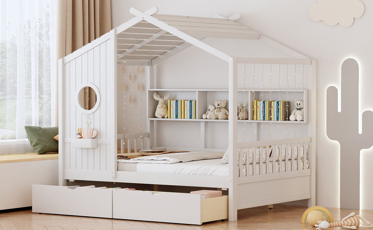variant-group:rf-n733s308487k|Roomfitters Wooden Full Size House Bed with 2 Drawers and Storage Shelf, White