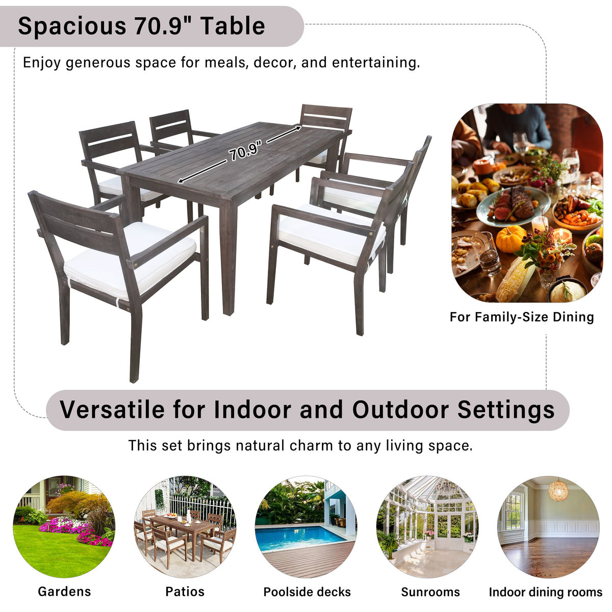 variant-group:rf-n711wy000459aae|Roomfitters 7-Piece Acacia Wood Outdoor Dining Set with Cushions, 6 Armchairs and Rectangular Table for Patio Garden, Gray