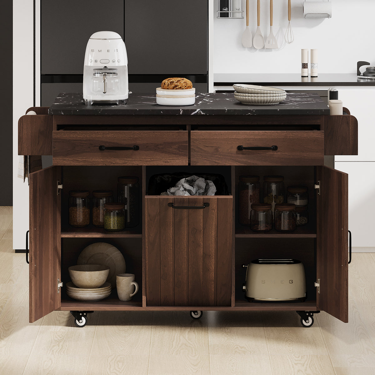 variant-group:rf-n707wf326381aaz|Roomfitters Kitchen Island with Trash Can Storage Cabinet, Grey - Drop Leaf, Spice Rack, Towel Rack, Drawer, Adjustable Shelf, Rolling Island on Wheels, Walnut Brown
