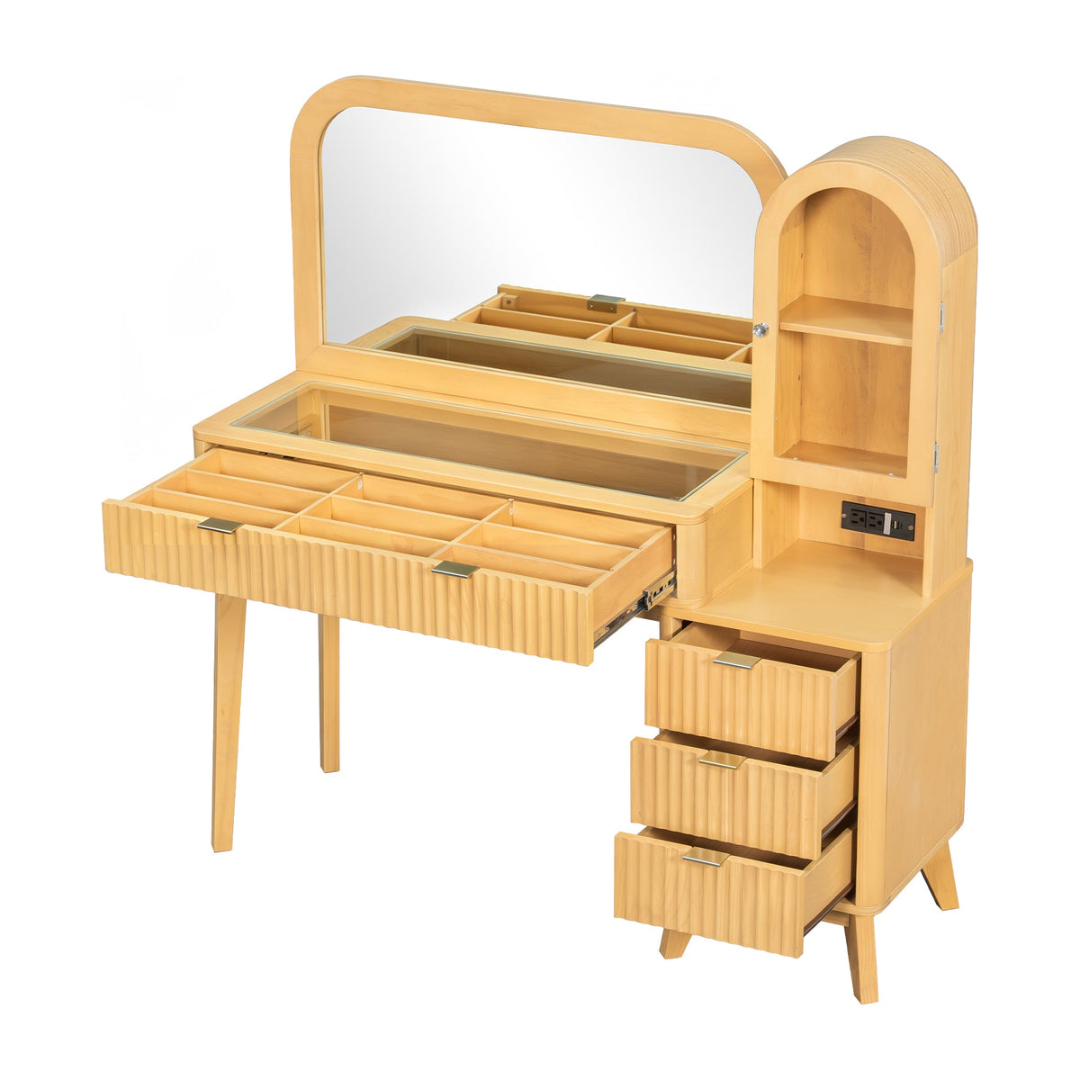 Roomfitters 48-Inch Fluted Makeup Vanity Desk with Arched Tower Glass Cabinet and Built-In Power Charging Station Natural Roomfitters